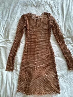 Brown Long-Sleeve Mesh Knit Dress